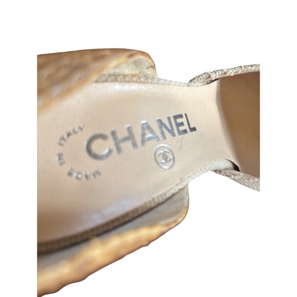 Chanel Womens DOrsay Pointed Toe Pumps Yellow/Beige Snake Print Leather Canvas H - Picture 6 of 9